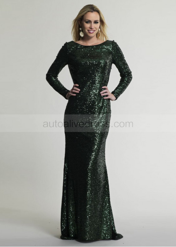 A-line Long Sleeves Dark Green Sequin U Back Floor Length Evening Dress